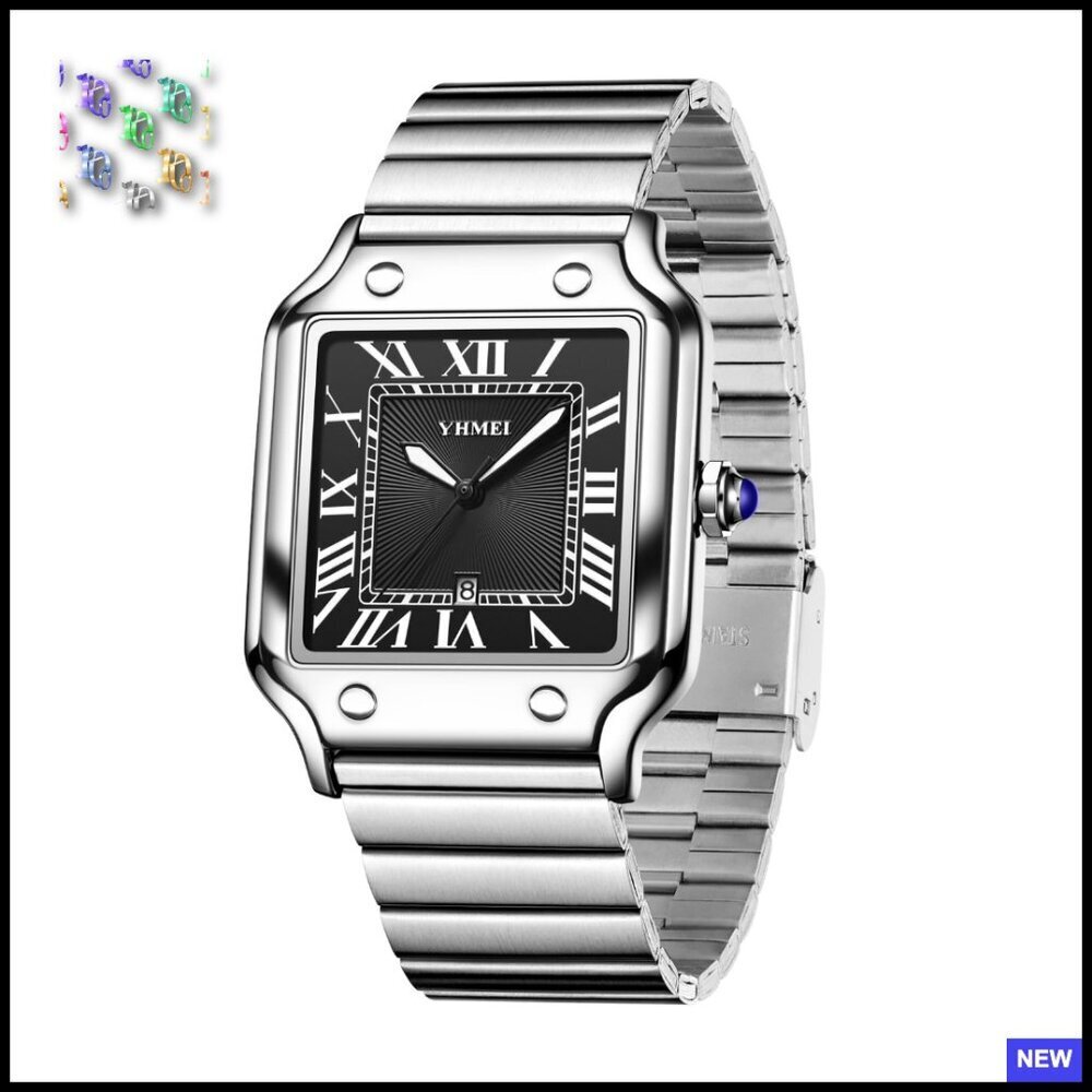 Classic Square Roman Numerals Silver Analog Watch Waterproof Stainless Steel